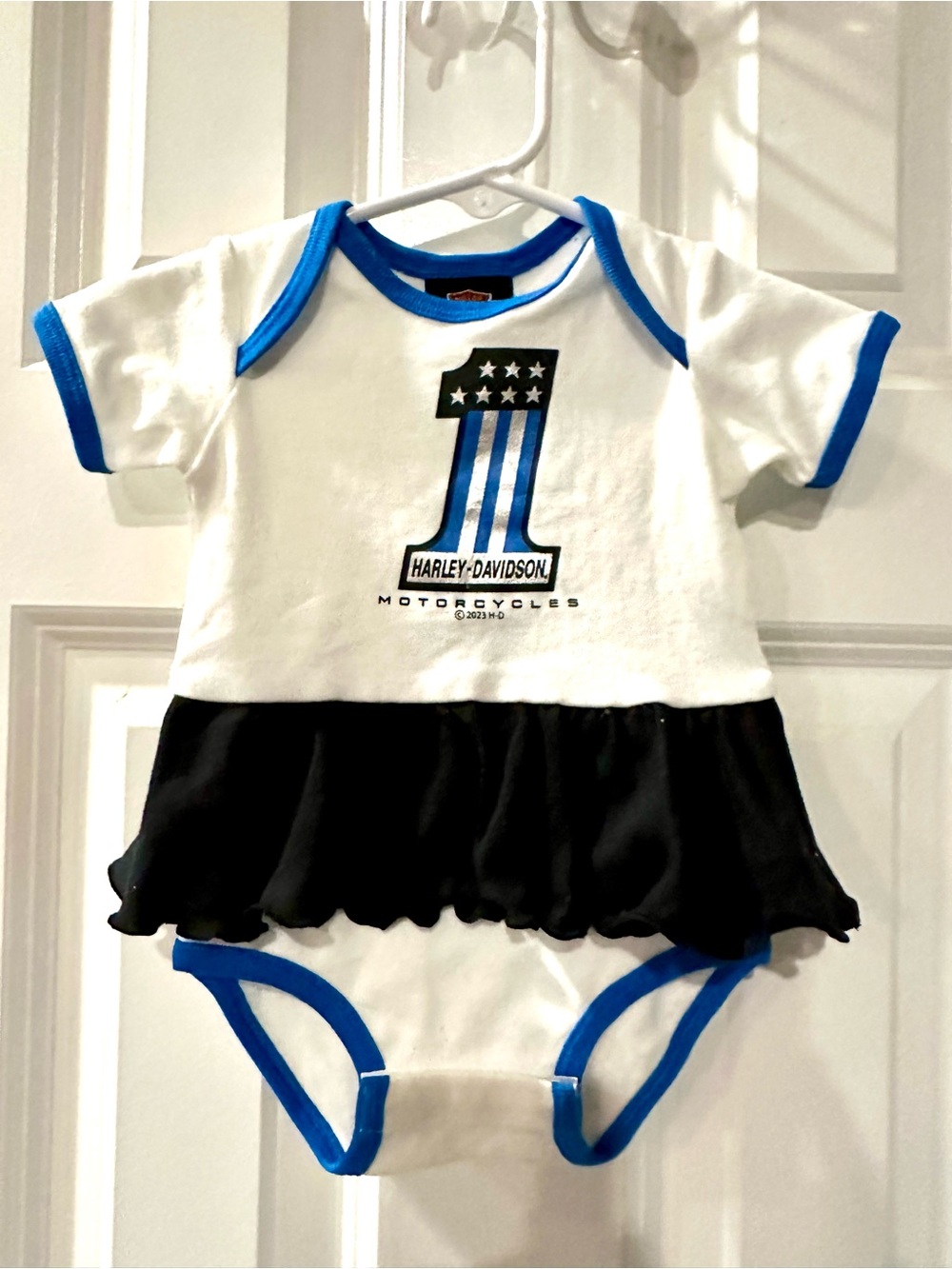 New Harley-Davidson White & Blue Infant Onesie Dress 3-6 months